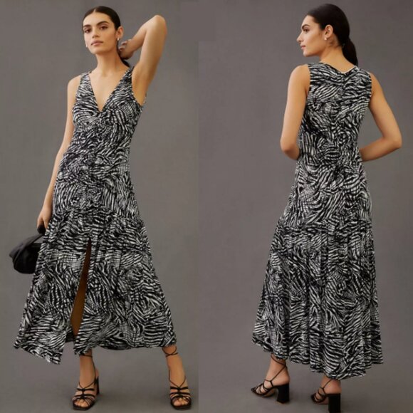 Anthropologie V-Neck Ruched Front Maxi Dress in Black 4 - Picture 1 of 16